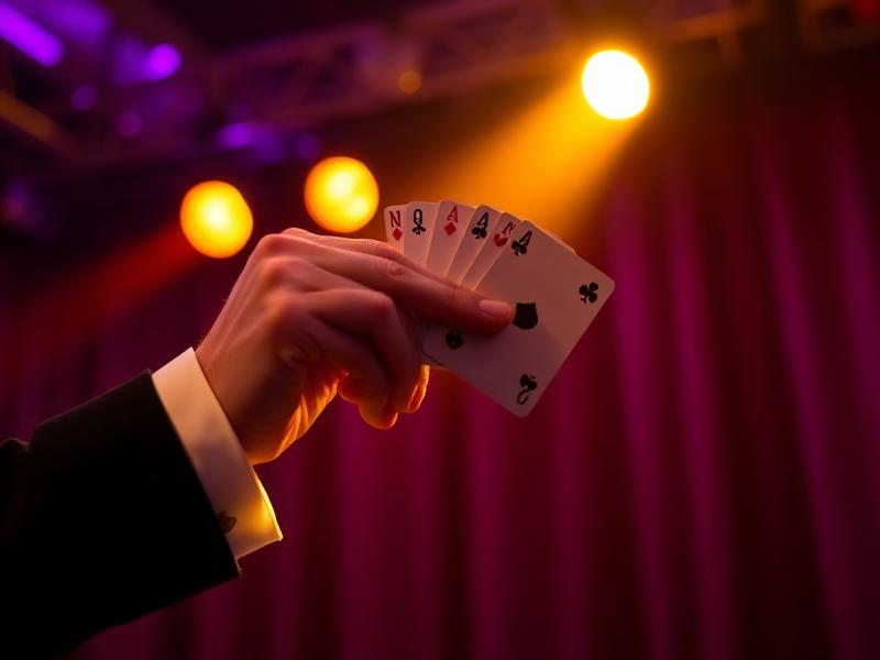Magician performing a card trick under stage lights