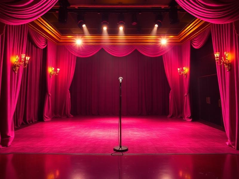Theatre stage with dramatic pink and gold lighting